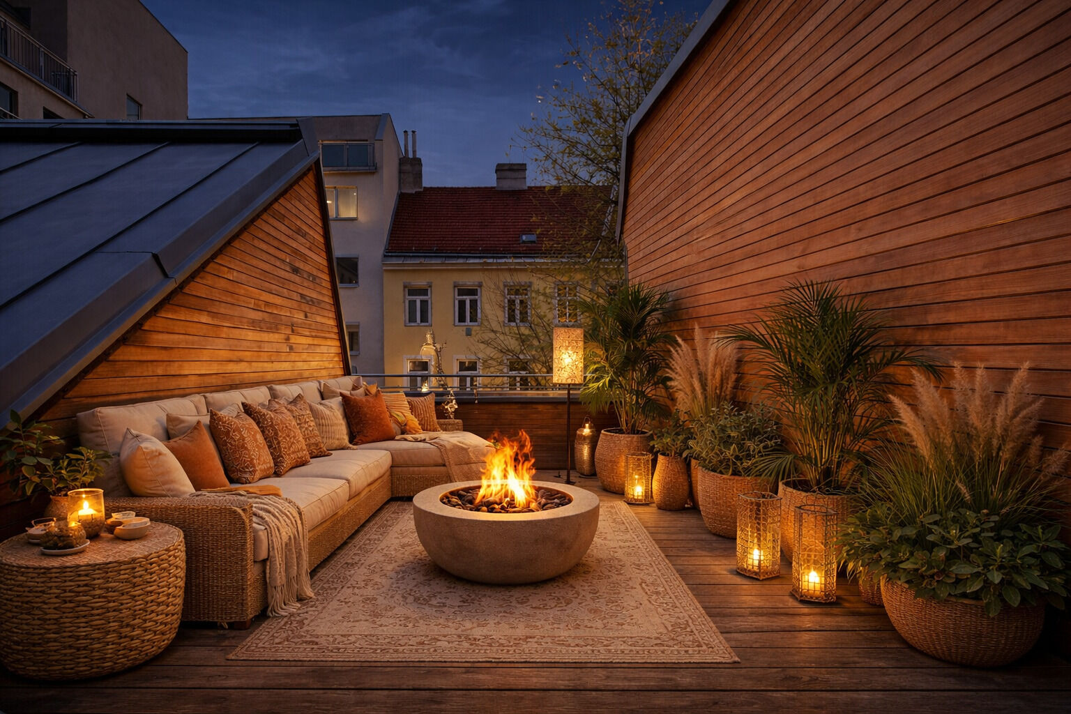 Terrasse mit KI-Gestaltungsvorschlag Nacht
