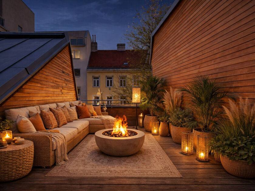 Terrasse mit KI-Gestaltungsvorschlag Nacht